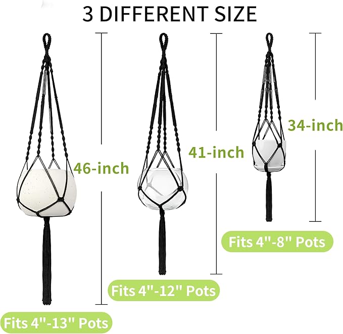 IDEEEPAN Macrame Plant Hanger - Fits 4 to 13 inches Pots for Indoor Outdoor, 34"/41"/46" 3 Sizes Set, Black (POTS NOT Included)