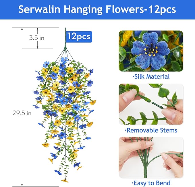 Serwalin 12PCS Artificial Fall Flowers for Outdoors Decoration, Realistic Silk Artificial Fall Hanging Flowers for Patio, Garden, Porch, Window, Outside (Yellow& Blue,12PCS)