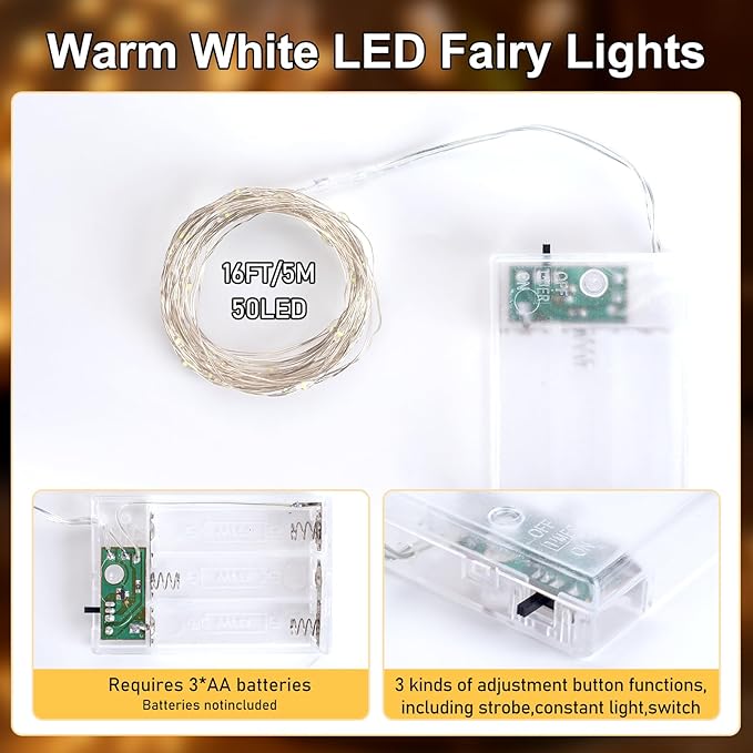 Fairy Lights Battery Operated String Lights 16.4ft 50LED Flashing and Constant Light Waterproof Silver Wire for Christmas DIY Party Wedding Decoration(Warm White, 4 Pack)
