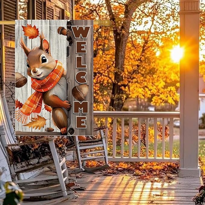 Welcome Fall Garden Flag 28x40inch The Nut Squirrel Fall Autumn Thanksgiving Garden Flags Yard Porch House Flag Double-Side For Home Outdoor Yard Patio Lawn Decor, Garden Decorations (RMQ-718D, 28"X40")
