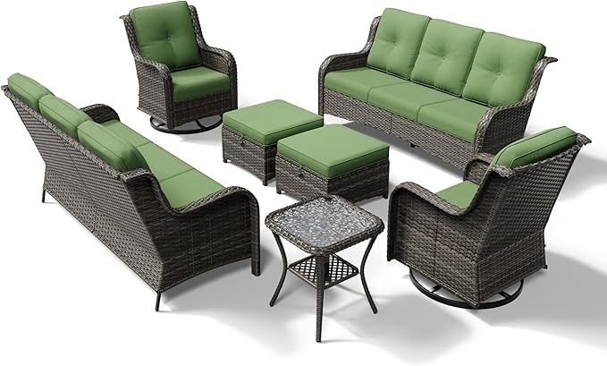 Joyside 7 Piece Wicker Patio Furniture Set, Outdoor Swivel Rocker Patio Chairs with High Back, Deep Seating, Wide Armrest, Thickened Cushions, Outdoor Furniture for Deck, Porch Use