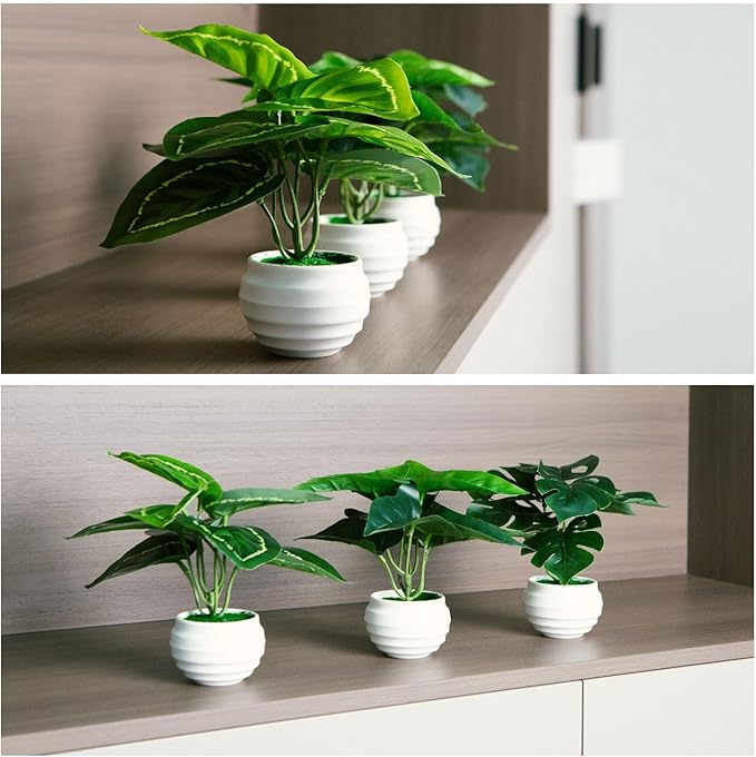3Pcs 7" Small Artificial Plants in Ceramic Pots, Faux Potted Plants Indoor Small Green Leaf Tropical Fake Plant for Home Room Office Table Shelf Desk Decor