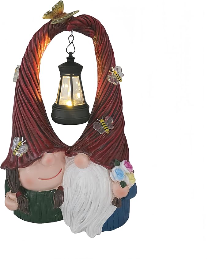 Couple Gnome Decor with Solar Light Lantern Lamp Garden Statue Outdoor Figurine for Yard Patio Unique Perfect Gnomes Gifts for Women Mom Grandma Valentines Decorations