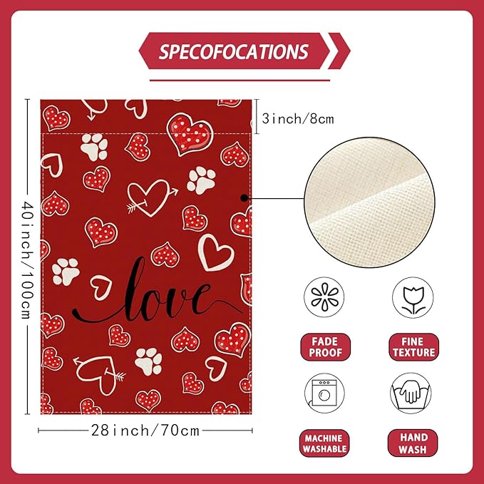 Red Love Heart Dog Paw Print Valentine’s Day House Flag large 28X40 Inch Big Vertical Double Sided Yard Outdoor Outside Holiday Decoration