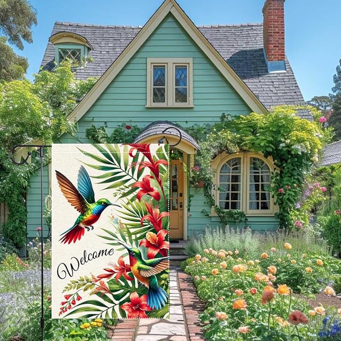 Welcome Hummingbird Garden Flag 12x18 Inch Burlap Double Sided Seasonal Colorful Floral Outdoor Home Yard Lawn Rustic Farmhouse Spring Summer Flags