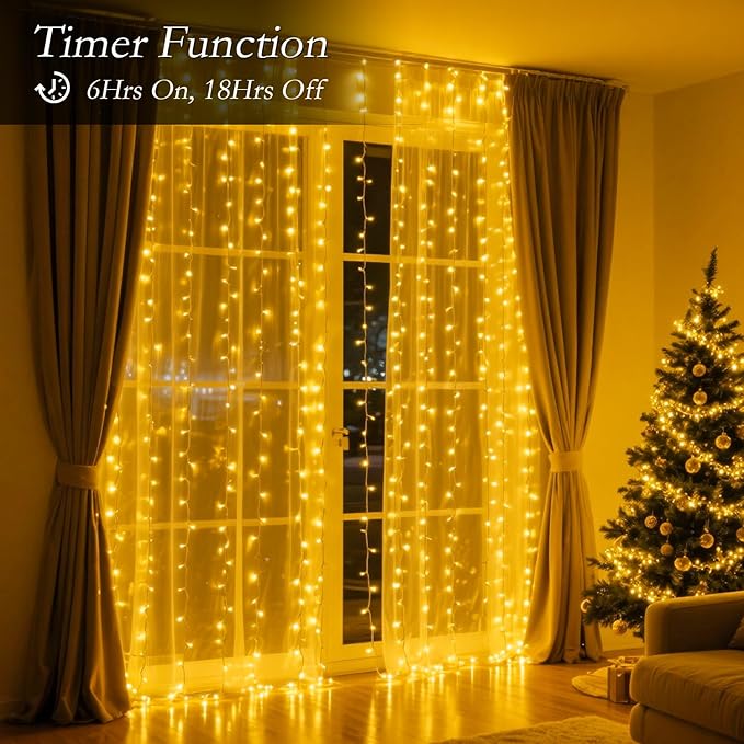 300 LED Curtain String Lights 9.8FT Plug in Fairy Lights with Timer and 8 Modes, Waterproof Window Wall Lights for Bedroom Wedding Party Indoor Outdoor Christmas Decor