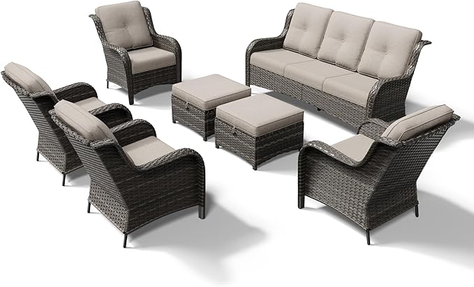 Joyside 7 Piece Wicker Patio Furniture Set, Rattan Patio Chairs with High Back, Deep Seating, Wide Armrest, Thickened Cushions, Outdoor Furniture for Deck, Porch Use
