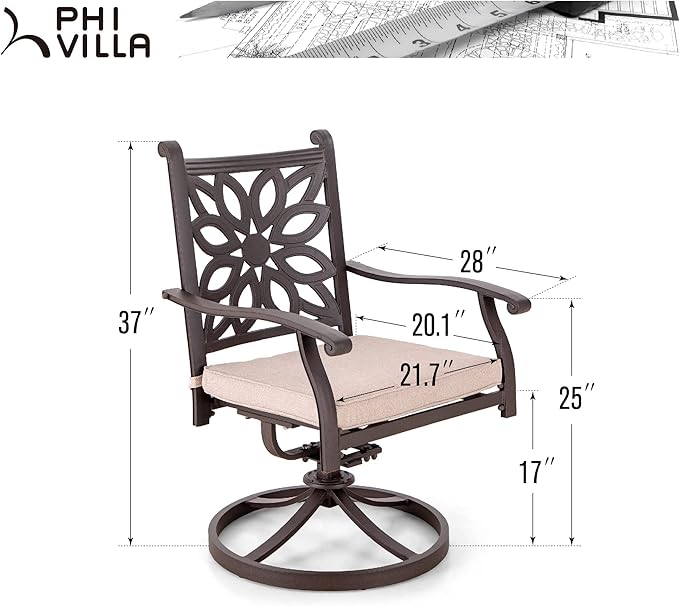 PHI VILLA Cast Aluminum Outdoor Patio Swivel Dining Chairs, Extra Wide Armrest Chairs with Seat Cushion, Casting Aluminum Back for All Weather, Set of 2
