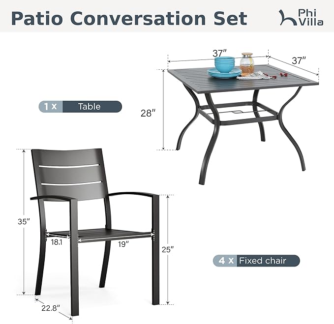 PHI VILLA 5 Pieces Outdoor Patio Dining Set for 4, 37" Black Square Metal Table with Umbrella Hole & Stackable Wrought Iron Chairs, Outside Furniture Set for Deck, Porch, Backyard
