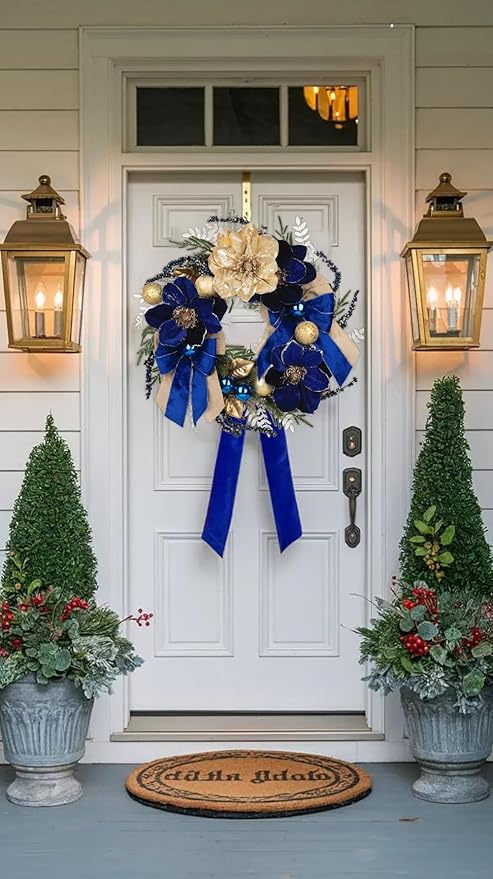 24 Inch Blue and Gold Christmas Wreaths for Front Door with Magnolia Berries, Christmas Door Wreath with Bow Balls, Pine Needles for Home Wall Window Indoor Outdoor Xmas Decorations & Holiday Decor