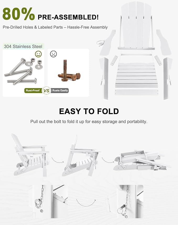 Folding Adirondack Chairs Set 4- Plastic Adirondack Chairs with Cup Holder, Weather Resistant for Outdoor, Patio, Lawn, Garden, Backyard Deck, Fire Pit - White