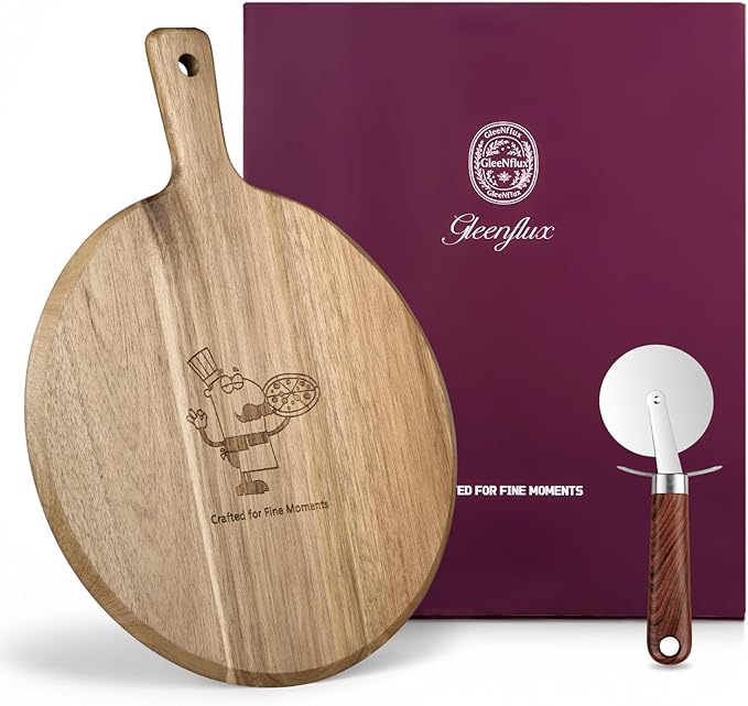 GleeNflux 12" Acacia Wood Charcuterie & Pizza Serving Board Set with Pizza Cutter, Rustic Wooden Board for Cheese, Appetizers & Entertaining, Thoughtful Housewarming Gift