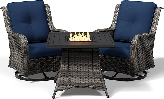 Joyside 3 Piece Wicker Patio Furniture Set with Fire Pit Table, Outdoor Swivel Rocker Patio Chairs with High Back, Deep Seating, Wide Armrest, Thickened Cushions, Outdoor Furniture for Deck, Porch Use