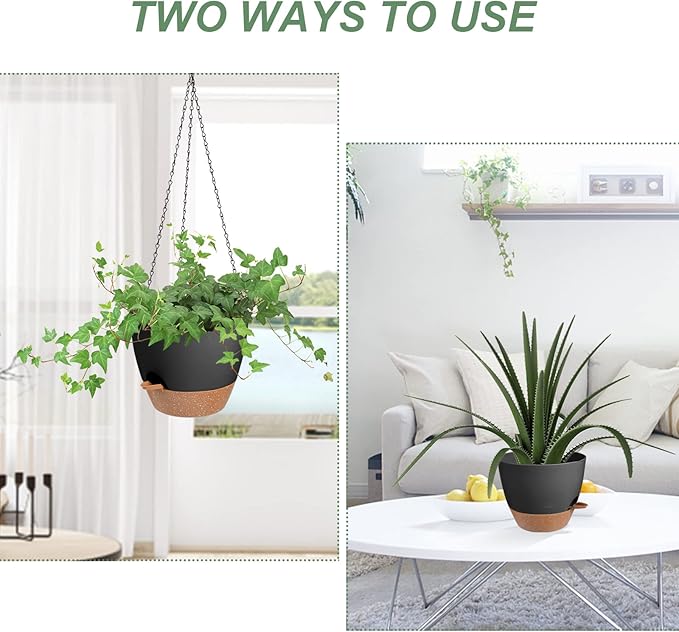 Vanslogreen Hanging Planters for Indoor Outdoor Plants, 2 Pack Self Watering Hanging Pot with Drainage Holes & Removable Tray (Black, 6'')
