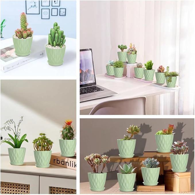 zople 16 Pack 4 Inch Plastic Planter Pots with Tray, Heavy Duty Indoor Outdoor Planter Pots with 48 Drainage Holes for Herbs, Succulents, Seedlings, Flowers Durable and Lightweight Light Green
