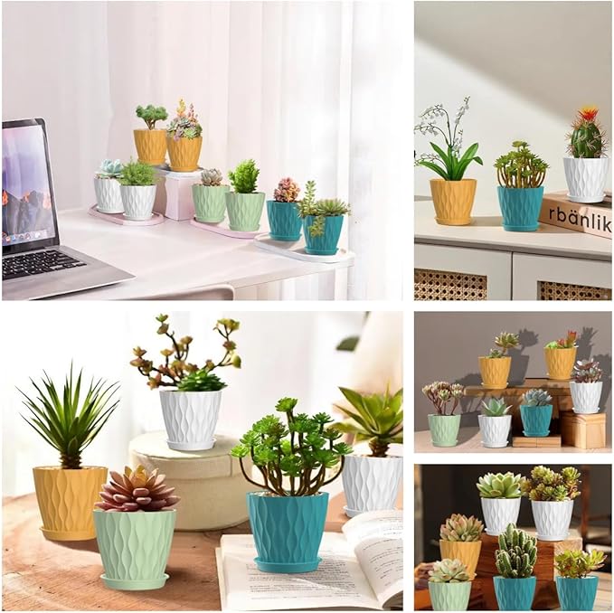 zople 16 Pack 4 Inch Plastic Planter Pots with Tray, Heavy Duty Indoor Outdoor Planter Pots with 48 Drainage Holes for Herbs, Succulents, Seedlings, Flowers Durable and Lightweight Multicolour