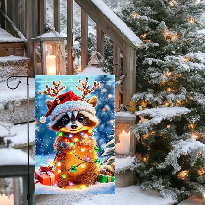 Christmas Garden Flag 12x18 Inch Double Sided Burlap Raccoon with Santa Hat and Lights Cute Winter Outdoor Yard Decoration for Holiday Porch Lawn Farmhouse Decor