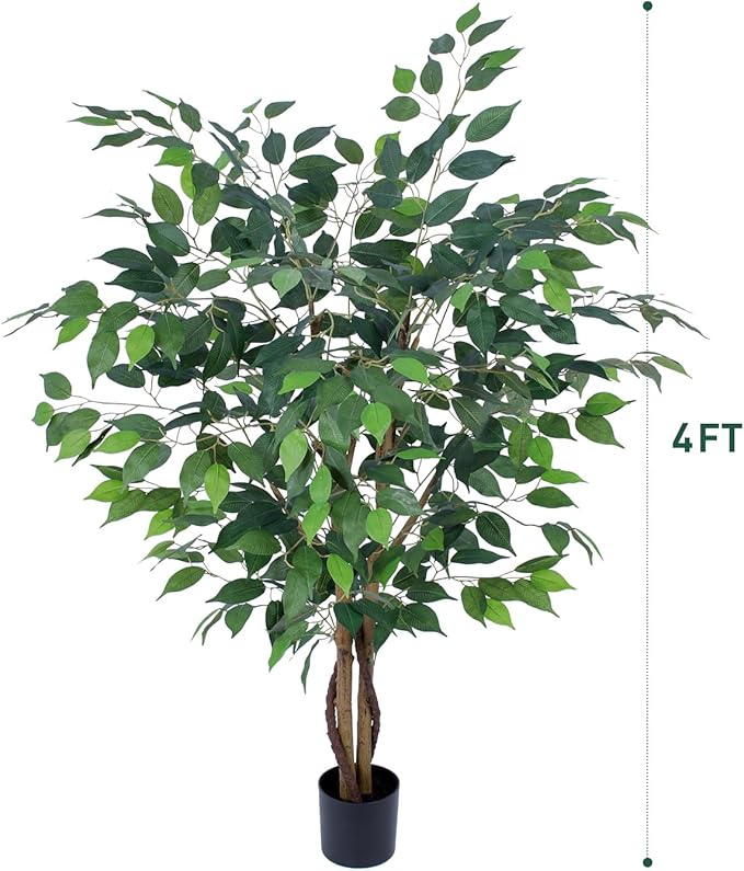 AQUGQ Artificial Ficus Tree 4ft, Artificial Plants Indoor with Realistic Leaves & Trunk, Fake Plants for Home Office Living Room Decor.