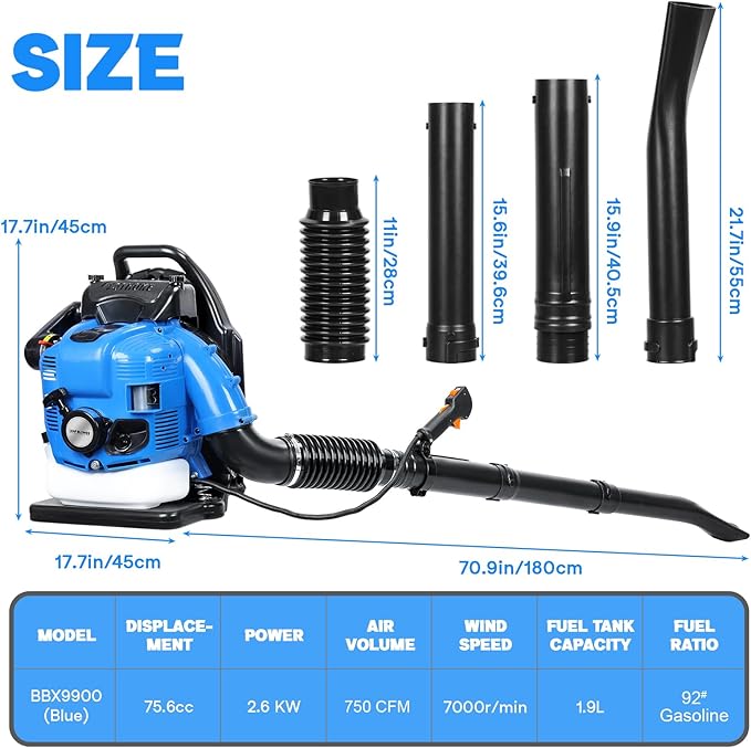 75.6CC Backpack Leaf Blower, 750CFM 205MPH 4-Stroke Engine Gas Leaf Blower Back Pack Leaf Blowers Gas Leaf & Snow Blower for Lawn, Garden & Commercial Use Blue BBX9900