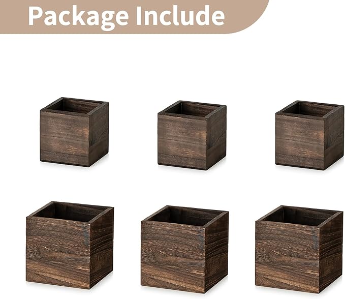 NUPTIO Wooden Box for Centerpiece Wedding: 6 Pcs Rustic Square Planter Box for Christmas Table Fall Decorations - 4×4" & 5×5" Small Wood Vases Flower Pots for Windowsill Home Garden Decor