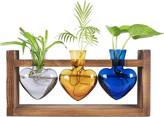 Kingbuy 3-Heart Plant Terrarium Kit with Vintage Wood Stand - Stained Glass Vase Propagation Station, Wall-Mounted & Tabletop Indoor Decor for Home Kitchen Wedding Gift (Grey, Amber, Blue)