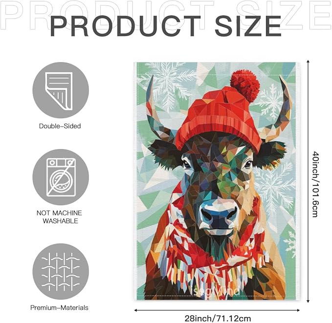 Bison with Red Scarf and Hat Snowflake Christmas Garden Flag, 28x40 Inch Double Sided Linen Holiday Red Winter Farmhouse Yard Outdoor Decoration (4332)