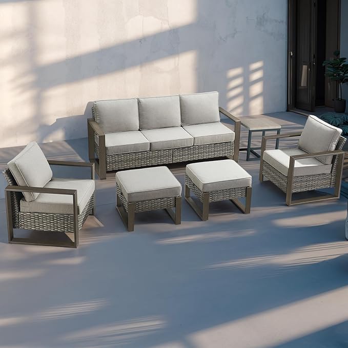 Rilyson Outdoor Wicker Patio Furniture Set - 5 Piece Patio Conversation Set with 2 Wicker Armrest Chairs,2 Rattan Ottoman, 1 Side Table, Sturdy Frame, Thick Cushions, Deep Seating(Mixed Grey/Grey)