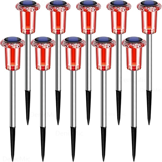 DenicMic Solar Lights Outdoor 10 Pack Waterproof Red White LED Stainless Steel Stake Outside Lights for Yard Pathway Garden Driveway Walkway Landscape Path Lighting Christmas Decorations