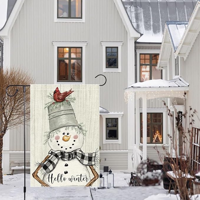 Snowman Cardinal Hello Winter Garden Flag 12x18 Inch Double Sided, Winter Holiday Yard Outdoor Flag