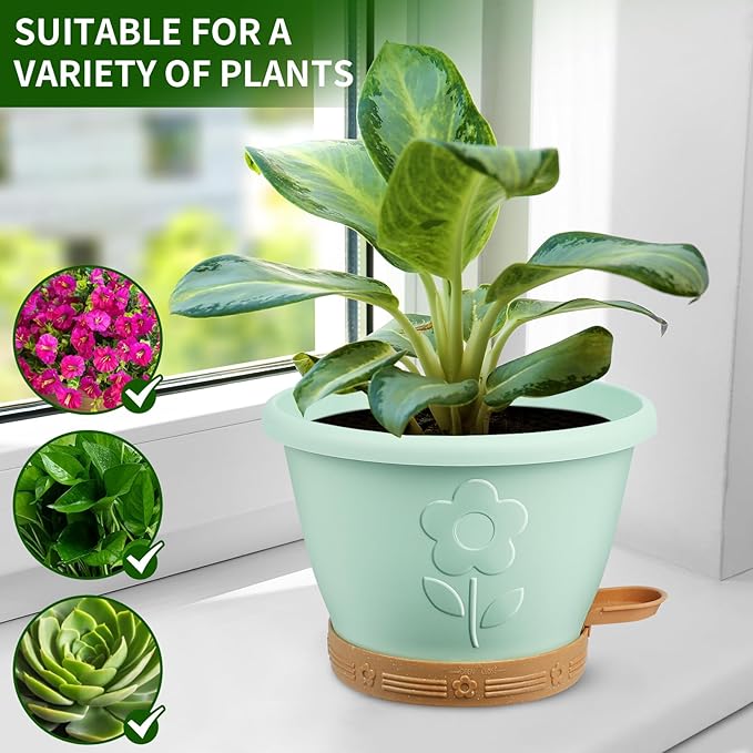 XMPBFYH Plant Pots, Flower Pots for Indoor/Outdoor Plants, Self Watering Plastic Planters Pots with Drainage Holes, Saucer & Reservoir, Decorative Nursery Planting Pots(10 Inch Set of 4)