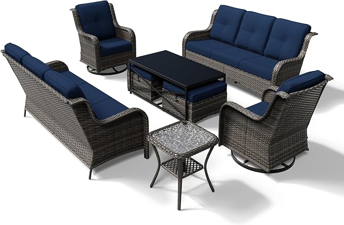 Joyside 8 Piece Wicker Patio Furniture Set, Outdoor Swivel Rocker Patio Chairs with High Back, Deep Seating, Wide Armrest, Thickened Cushions, Outdoor Furniture for Deck, Porch Use