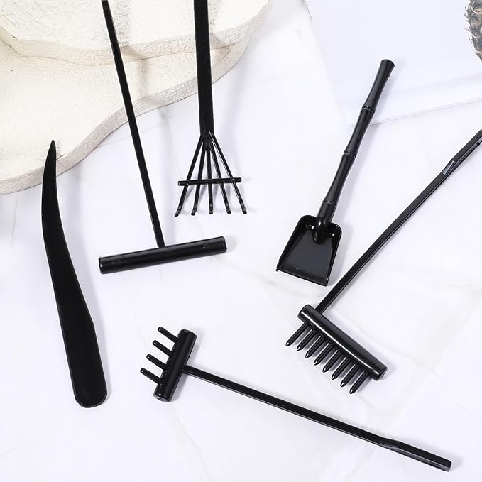 LIQWEI 6 Pcs Mini Zen Garden Kit, Zen Garden Rake Tools Black Sand Casting Kit, Sand Meditation Accessories for Home Gardens Office Desk Decor