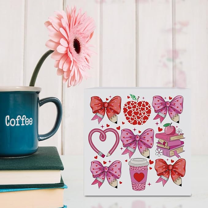 Teacher Valentine Decor Gift, Vintage Valentines Day Gifts for Teachers, Teacher Appreciation Gifts, Birthday Thank You Gift, Pink Heart Bow Pencil Wooden Box Sign for Office Desk Decor