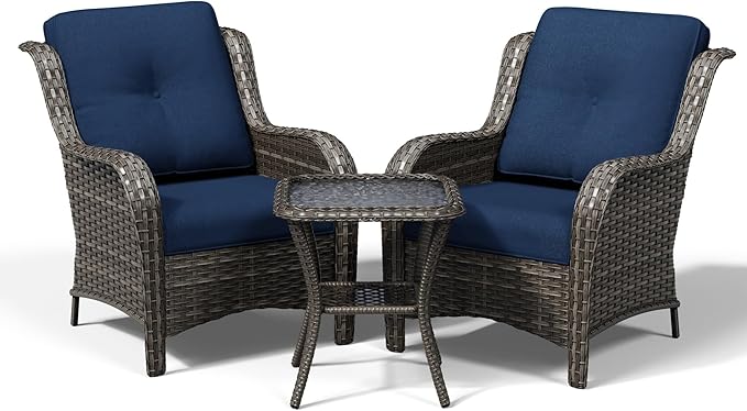 Joyside 3 Piece Wicker Patio Furniture Set, Rattan Patio Chairs with High Back, Deep Seating, Wide Armrest, Thickened Cushions, Outdoor Furniture for Deck, Porch Use
