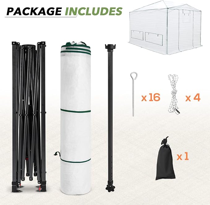EAGLE PEAK Instant Pop-up Greenhouse, Indoor Outdoor Plant Gardening Green House, Roll-Up Zipper Doors & Side Windows - Winter Support Pole, Walk in 12x8 ft, White/Clear