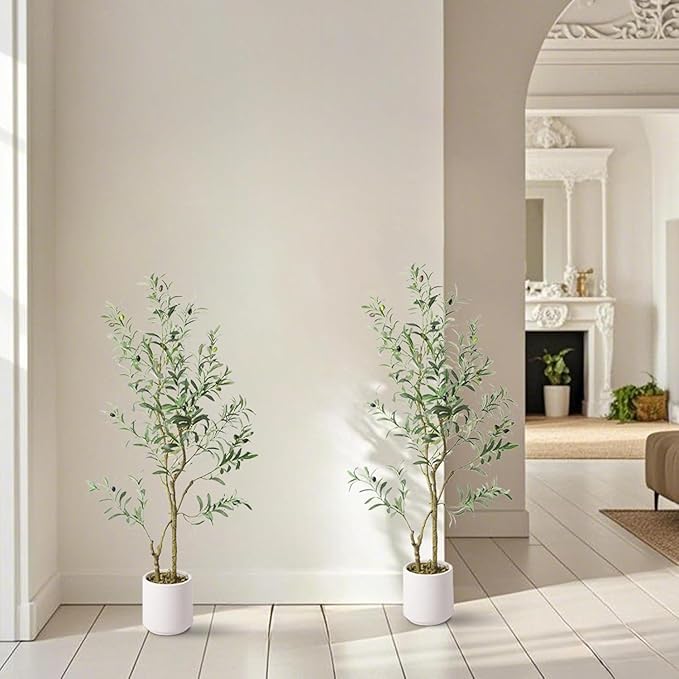 Artificial Fake Olive Tree 4FT Tall 2Pack with White Planter Faux Silk Olive Tree for Home Living Room Office Decor Faux Artificial Plants Indoor with Fruit & Free Moss