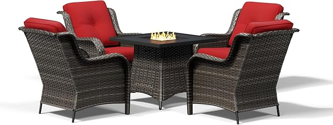 Joyside 5 Piece Wicker Patio Furniture Set with Fire Pit Table, Rattan Patio Chairs with High Back, Deep Seating, Wide Armrest, Thickened Cushions, Outdoor Furniture for Deck, Porch Use