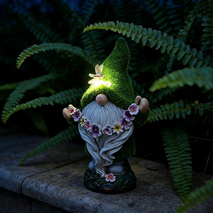 Cynkeyee Garden Gnomes Outdoor Decor Light - Funny Garden Decorations Solar LED for Yard Patio, Home Garden Statues Ornaments, Housewarming Gifts for Family Green 5.5x3.5x8.5 Inch