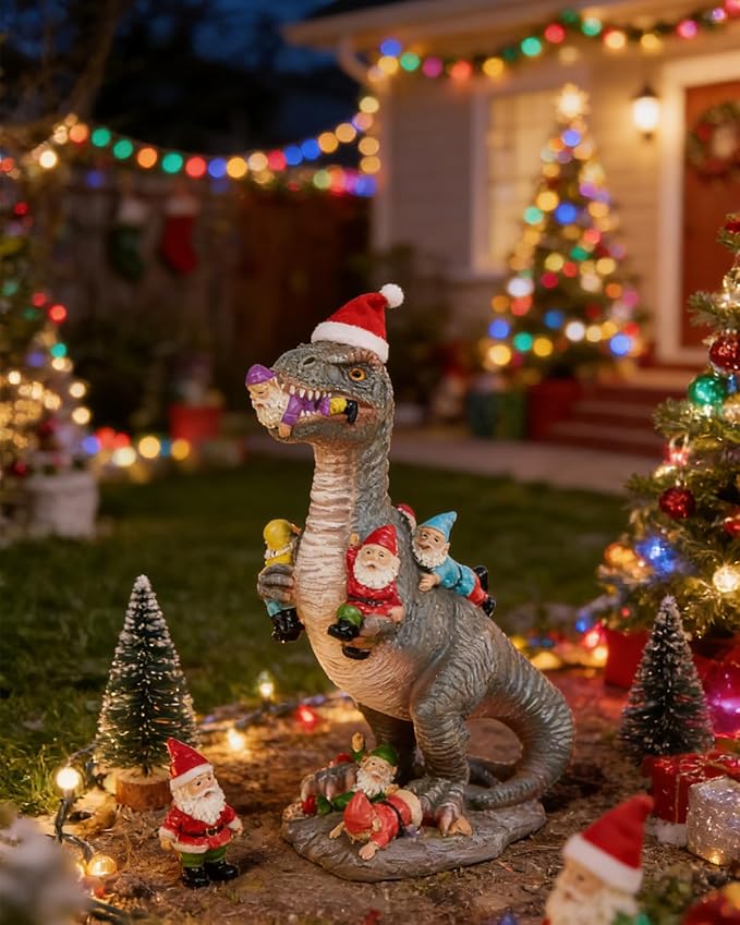 Dinosaur Garden Gnome Statue 12”, Yard Decorations Outdoor Garden Decor, Patio, Lawn Ornament, Gardening Gifts for Women for Housewarming