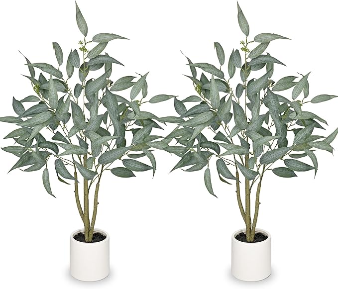 2 Packs Artificial Eucalyptus Tree in White Pot – 3FT Faux Indoor Plant for Home Décor, Modern Greenery for Living Room, Bedroom, Office – Realistic Silk Leaves, Minimalist Planter