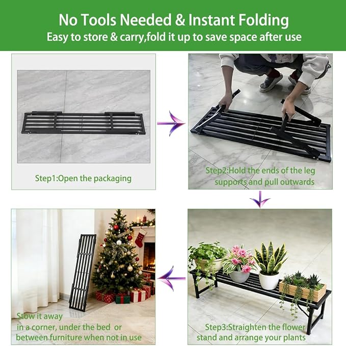 Single Tier Metal Plant Stand, Long Narrow Foldable Plant Stand for Indoor Outdoor, Heavy Duty Waterproof Plant Holder for Living Room Balcony Garden Window Patio,Plant Lovers, Display Stand (L33”xH11.7"xW9.7")
