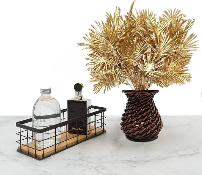 Fake Plants Christmas Decorations Gold Bouquet, PASYOU Artificial Flowers Plastic Shrubs Grass Leaves Indoor Outdoor Home Garden Party Hotel Verandah Wedding Event Faux DIY Table Decor - Golden 2 Pack