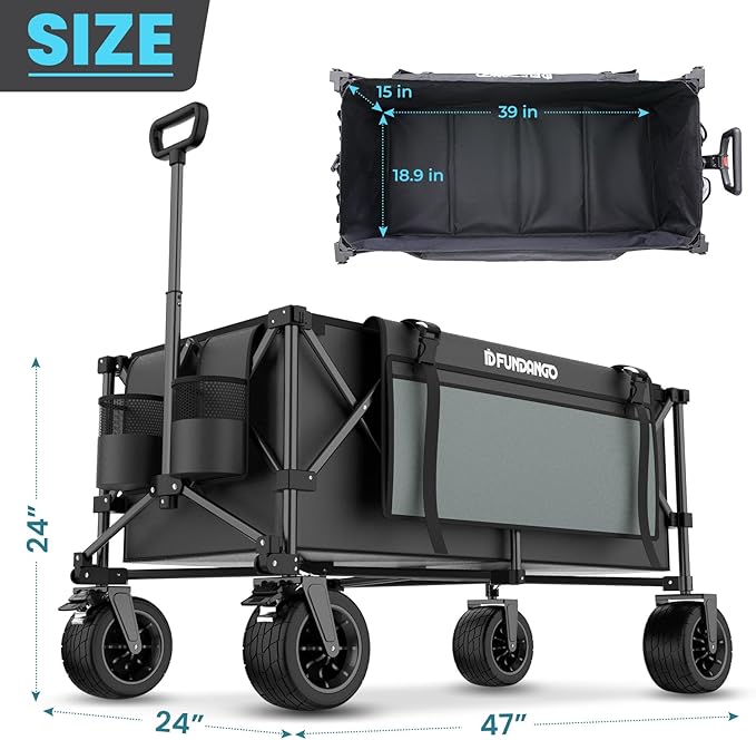 FUNDANGO Large Wagons Carts Foldable Heavy Duty, 300L Compact Collapsible Folding Wagon with Big All-Terrain Wheels for Outdoor, Camping, Sand Beach, Sport, Lawn, Garden, Shopping Groceries, Black