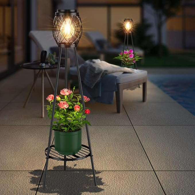 MXwcy Solar Floor Lamp with Plant Stands,Solar Lights Outdoor with Vintage LED Edison Bulbs, Weatherproof Garden Lights for Pathway, Patio, Yard, 8-10 Hours Lighting, IP55 Waterproof