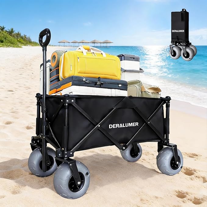 Beach Wagon with Big Wheels for Sand, 35" L Heavy Duty Folding Beach Wagon with 9ร4" Balloon Tires, All Terrain Utility Cart for Garden, Sports, Camping, Outdoor (SandRover X800-B,Black)