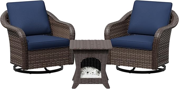 Outdoor Wicker 360 Degree Swivel Glider Rocker Chairs Set of 2 with Cat House Side Table, Patio Conversation Furniture Set with Washable Cushions for Garden, Poolside (Navy Blue)