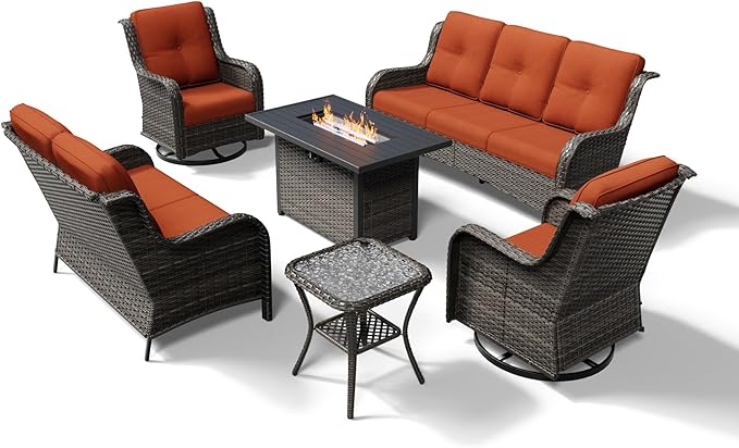 Joyside 6 Piece Wicker Patio Furniture Set with Fire Pit Table, Outdoor Swivel Rocker Patio Chairs with High Back, Deep Seating, Wide Armrest, Thickened Cushions, Outdoor Furniture for Deck, Porch Use