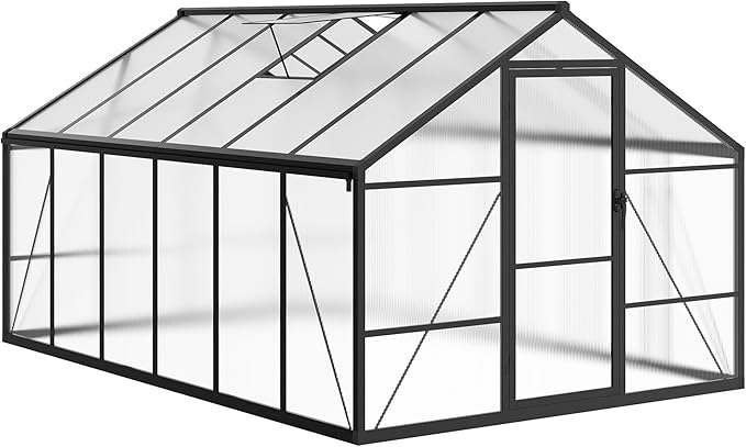 8X12 FT Greenhouse for Outdoors, Large Walk-in Polycarbonate Greenhouse Kit, Aluminum Frame, Lockable Door, Roof Vent, Ground Spikes, for Garden, Patio, Backyard, Outdoor Plant Growth