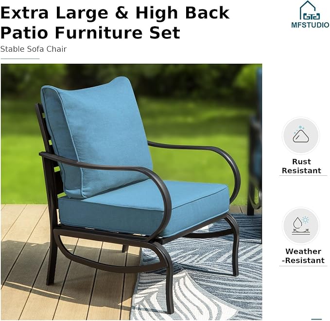 MFSTUDIO 6 Pieces Metal Patio Furniture Sets, 2 Swivel Chairs, 3-Seat Loveseat Sofa, 2 Patio Chairs & 1 Marbling Coffee Table, All Weather 7 Seats Outdoor Conversation Set for Garden Backyard, Navy