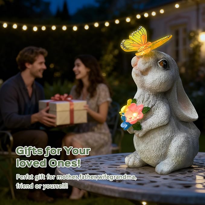 Solar Garden Statue Outdoor Decor, Rabbit Figurine with Butterfly LED Lights, Bunny Statue for Garden, Yard Decor, Lawn Ornament, Housewarming Birthday Gift for Women Mom Grandma
